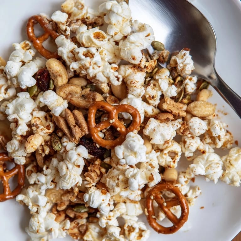 A festive bowl of Sriracha popcorn mix bursting with spicy-sweet flavors.  