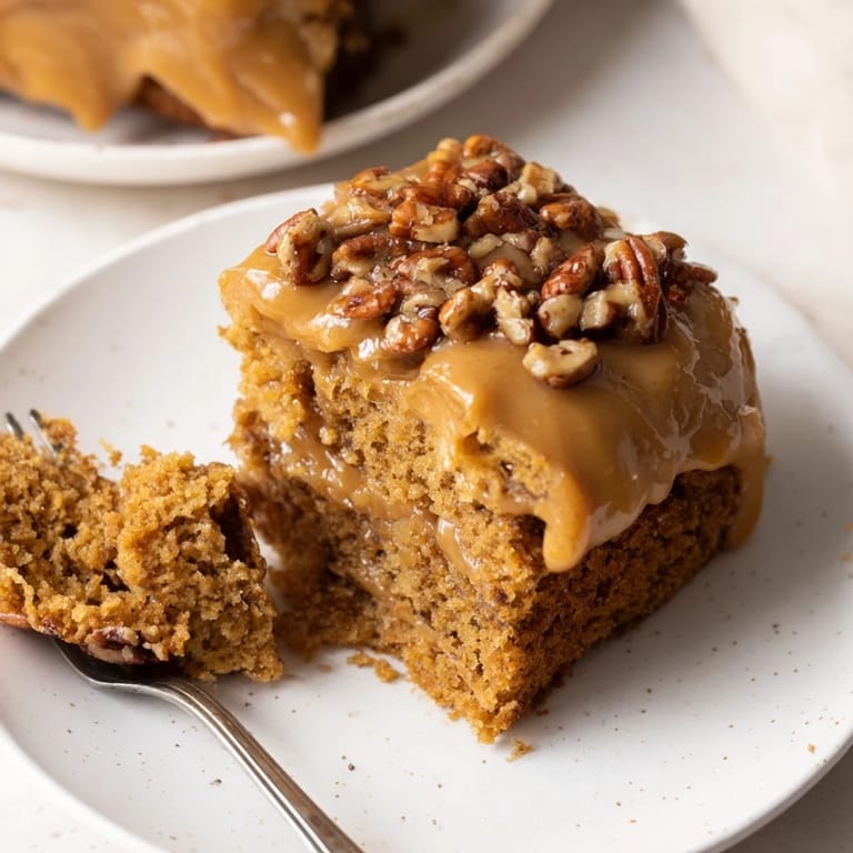 Moist butterscotch pecan pumpkin sheet cake drizzled with creamy frosting and nuts.