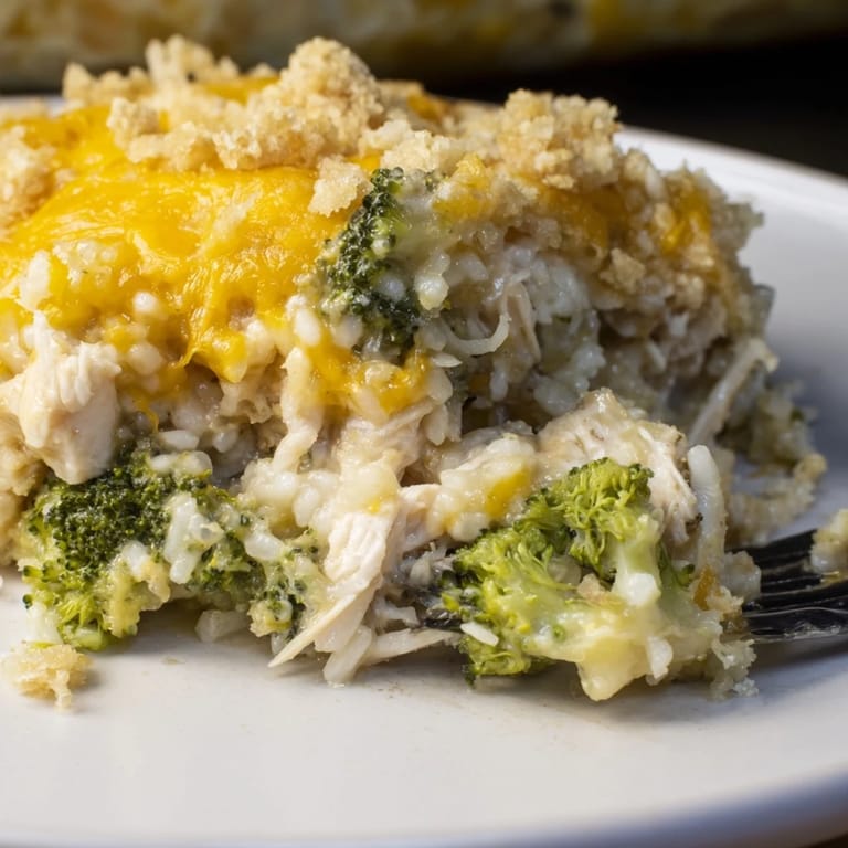 Mouthwatering broccoli, rice, cheese, and chicken casserole topped with golden melted cheddar.  