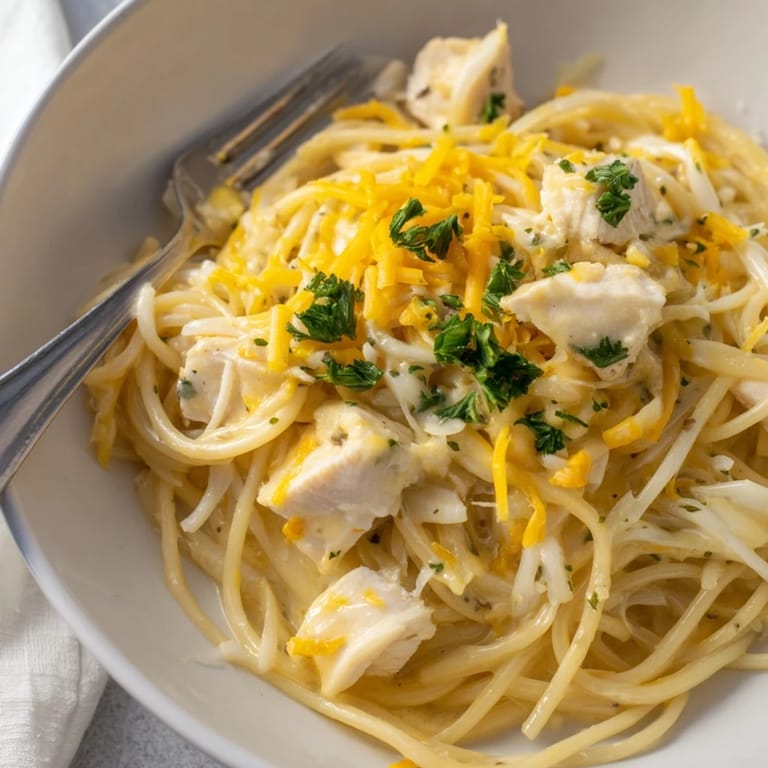 Comforting Monterey Chicken Spaghetti topped with cheese, combining savory chicken and pasta.  
