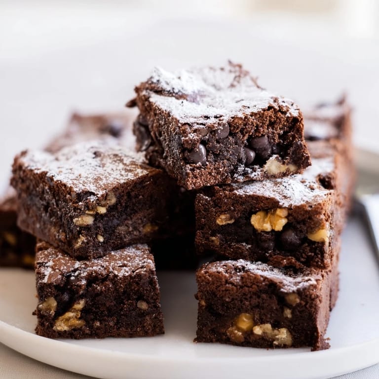 Decadent zero-waste brownies topped with dark chocolate chips and chopped nuts.  