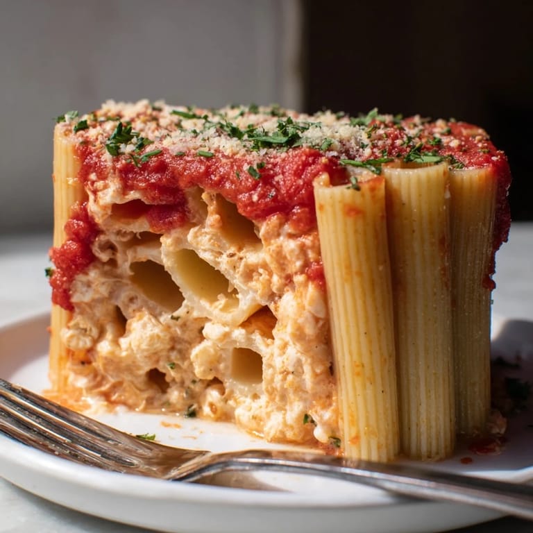 Gooey melted cheese and rich tomato sauce atop stunning Honeycomb Pasta Cake.  