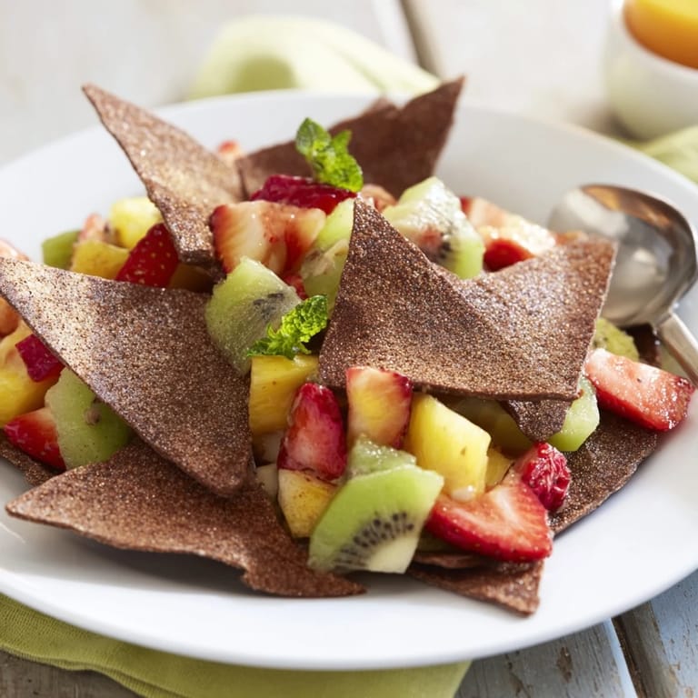 Delightful Dessert Chips & Salsa featuring chocolate chips and colorful fruit medley.