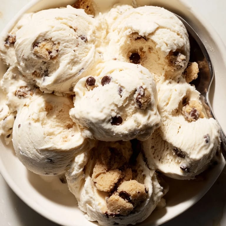 Refreshing cottage cheese ice cream loaded with chocolate chip cookie dough bites.