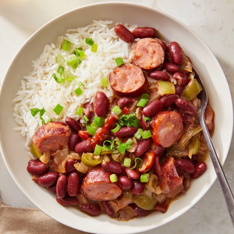 Savory red beans & rice served over fluffy white rice, ideal for family meals.