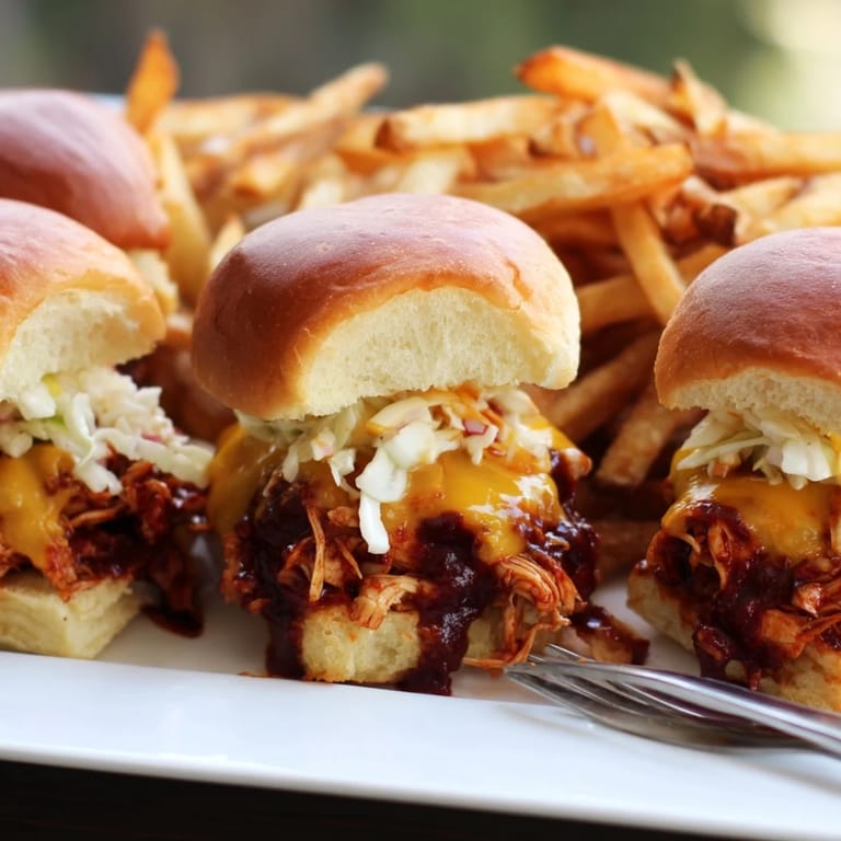 Deliciously shredded BBQ chicken on tender buns, perfectly paired with golden fries.