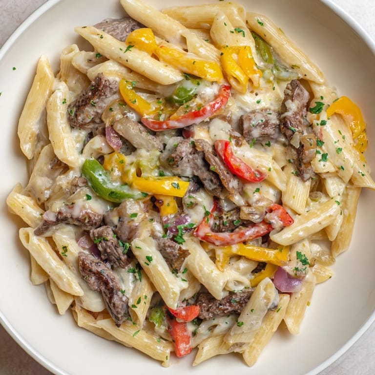 Hearty Philly cheese steak pasta, featuring tender beef and colorful vegetables, served warm.  