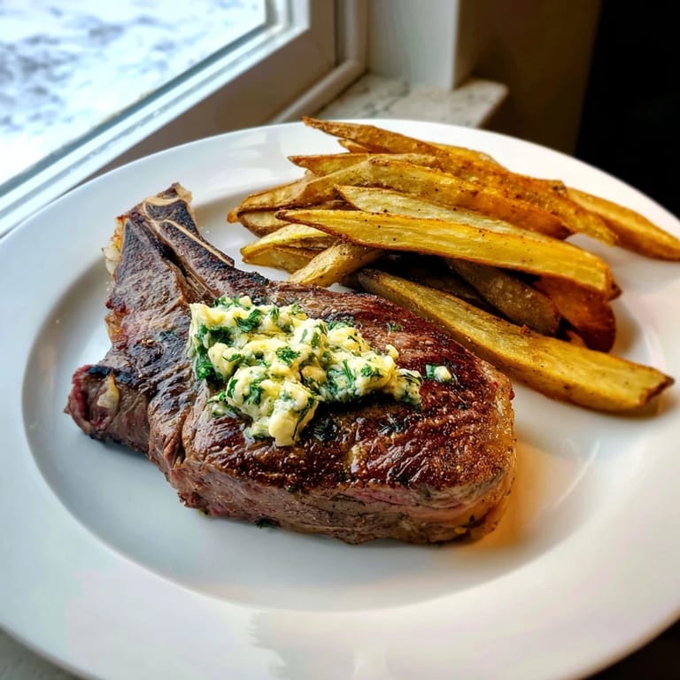 Golden, crispy fries accompany the savory Steakhouse Garlic Butter Steak & Fries dish in this photo.