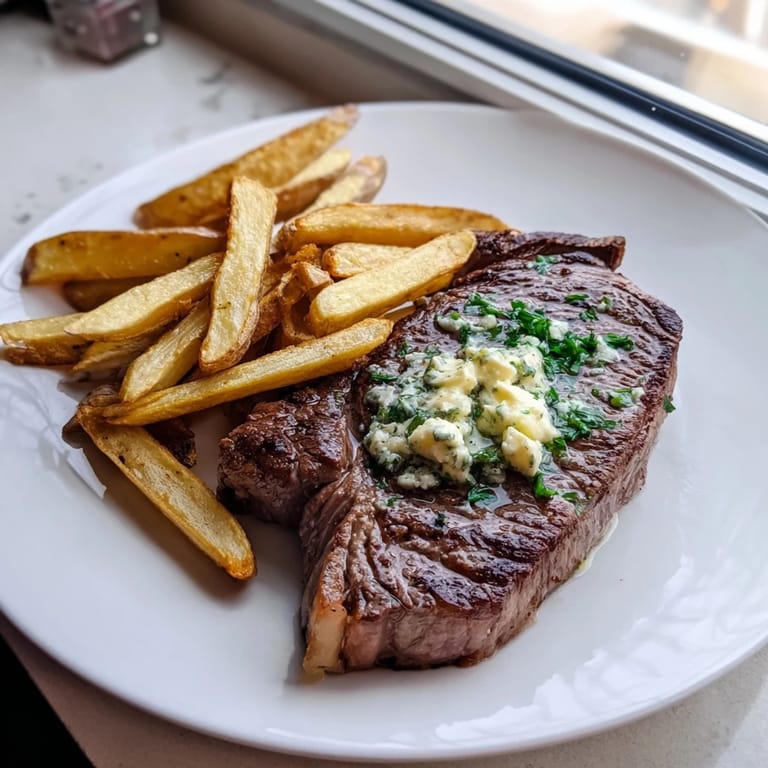 Close-up of a tender Steakhouse Garlic Butter Steak & Fries, ideal for a delicious, homemade dinner.