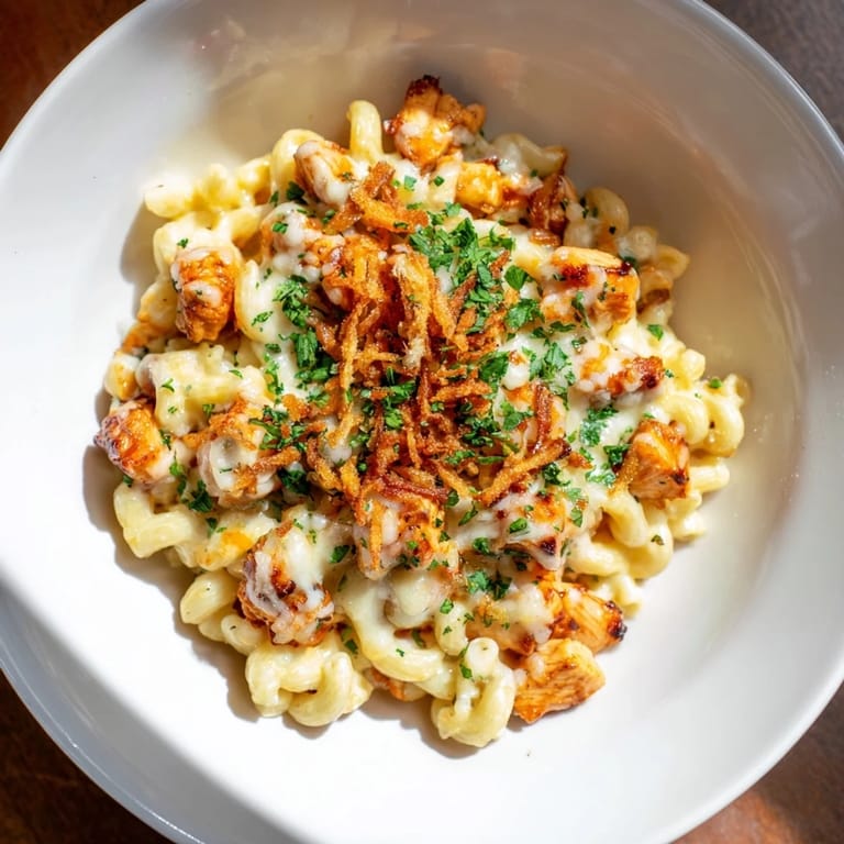 Creamy One-Pot Honey BBQ Chicken Mac and Cheese, garnished with parsley, ready for a comforting meal.