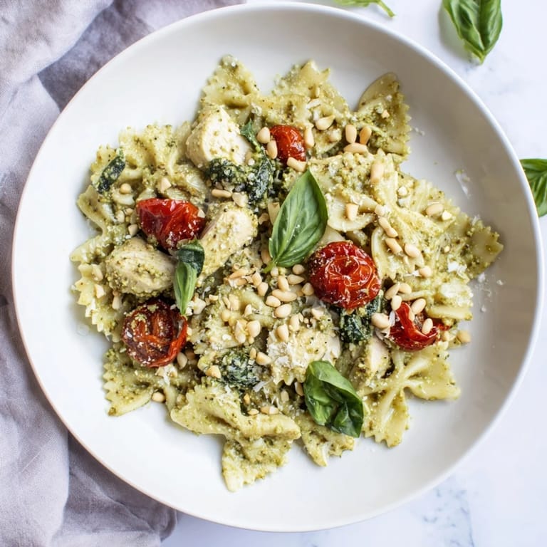 Vibrant pesto chicken bowtie pasta, garnished with cherry tomatoes and fresh basil leaves.