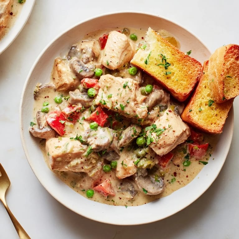 A close-up of hearty Chicken à la King, showcasing the flavorful sauce and tender chicken.