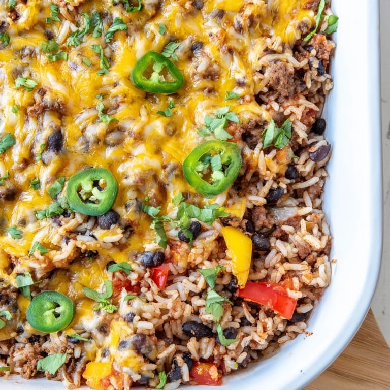 A close-up of a Tex-Mex Beef & Rice Casserole, showing browned beef and melted cheese ready to serve.