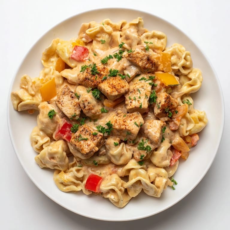 A steaming bowl of Zesty Cajun Garlic Parmesan Chicken Tortellini, showcasing tender chicken and flavorful sauce.