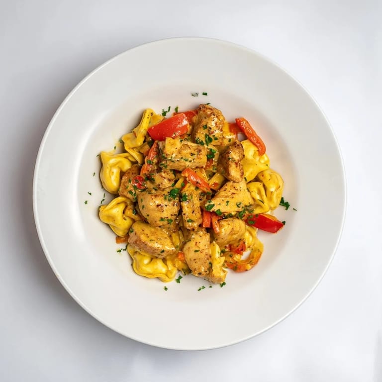 Vibrant Zesty Cajun Garlic Parmesan Chicken Tortellini: perfectly cooked pasta coated in a rich, cheesy sauce.
