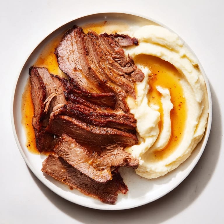 A close-up of the delicious Classic Brisket and creamy sweet potatoes, a perfect gluten-free dinner.
