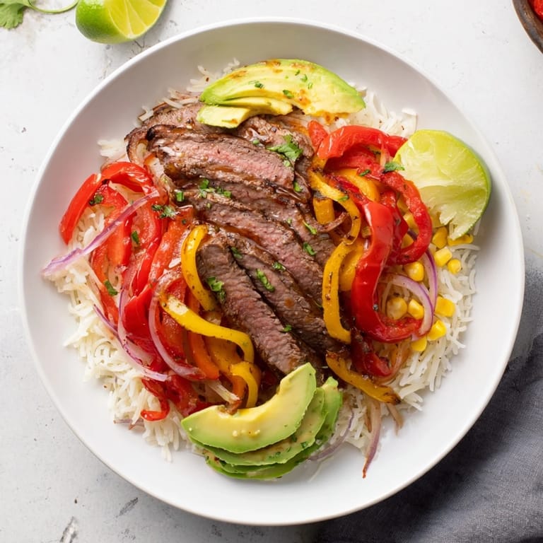 A visually appealing BBQ Steak Fajita Bowl features juicy steak with vibrant toppings and rice.