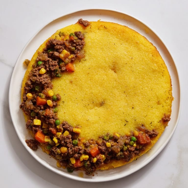 A warm, comforting Cornbread Crusted Beef Pie, showcasing tender beef and vegetables under a crust.