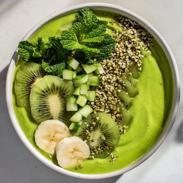Bright and colorful Green Smoothie Bowl with vibrant kiwi and hemp seeds, a perfect vegan treat.