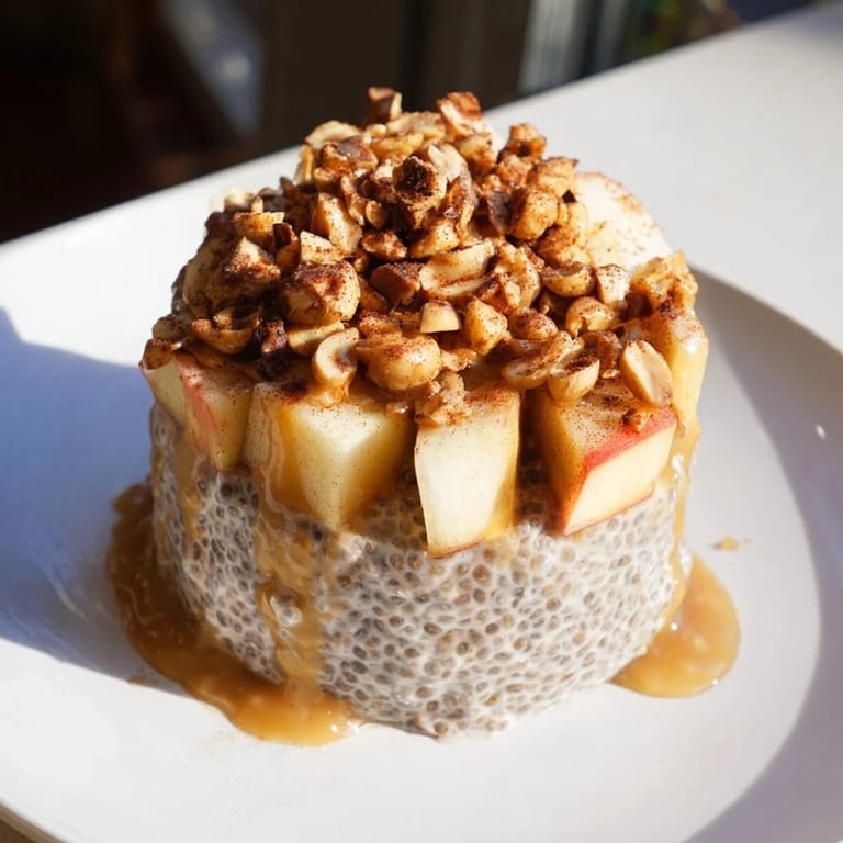 Vibrant image of Apple-Chia Pudding, showing layers of creamy pudding, apples, and drizzled peanut butter.