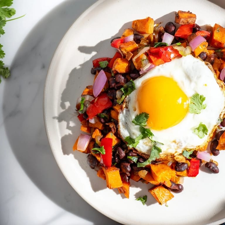 Colorful Sweet Potato & Black Bean Breakfast Hash with fluffy eggs; a hearty, vegetarian breakfast dish.