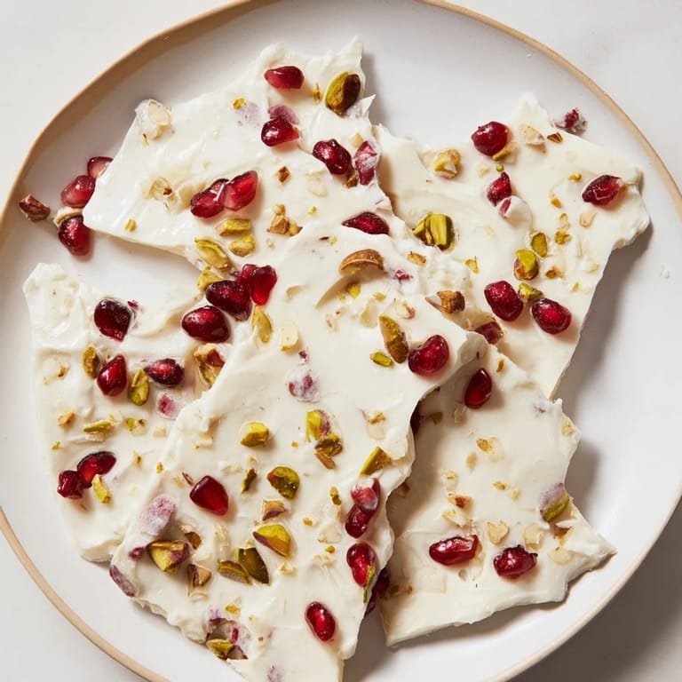 Homemade frozen yogurt bark, beautifully showcasing sweet pomegranate arils and delicious pistachios.