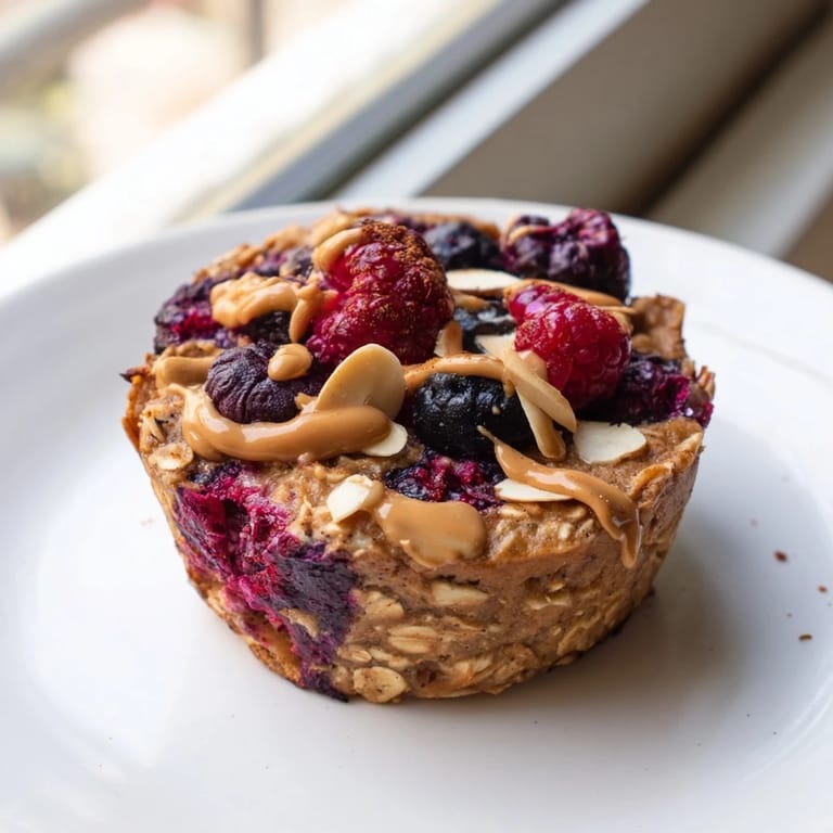 A close-up of freshly baked oatmeal cups, showcasing plump berries and the creamy texture, ready to serve.
