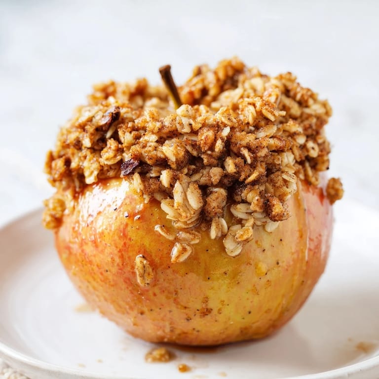 Enjoy this close-up shot of warm, delicious Baked Apples with Oat-Nut Crumble, ready to eat.