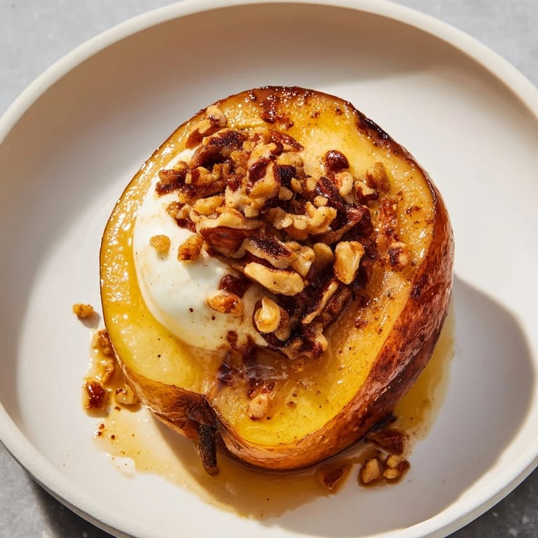 Golden-brown roasted pears, topped with walnuts and creamy Greek yogurt, featuring cinnamon flavors.