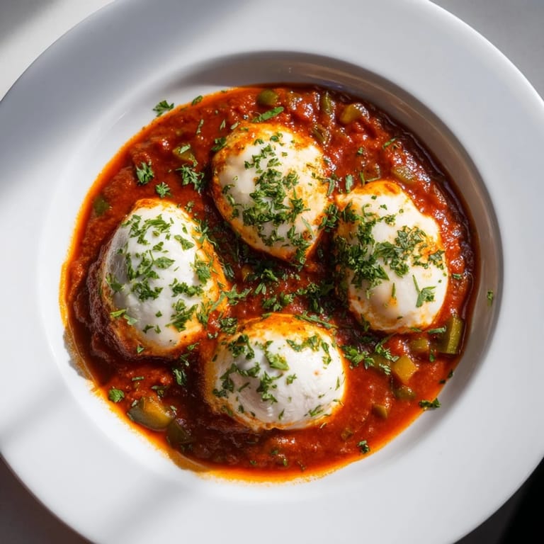 A bubbling skillet of Shakshuka, showcasing vibrant red sauce and perfectly poached eggs ready to eat.