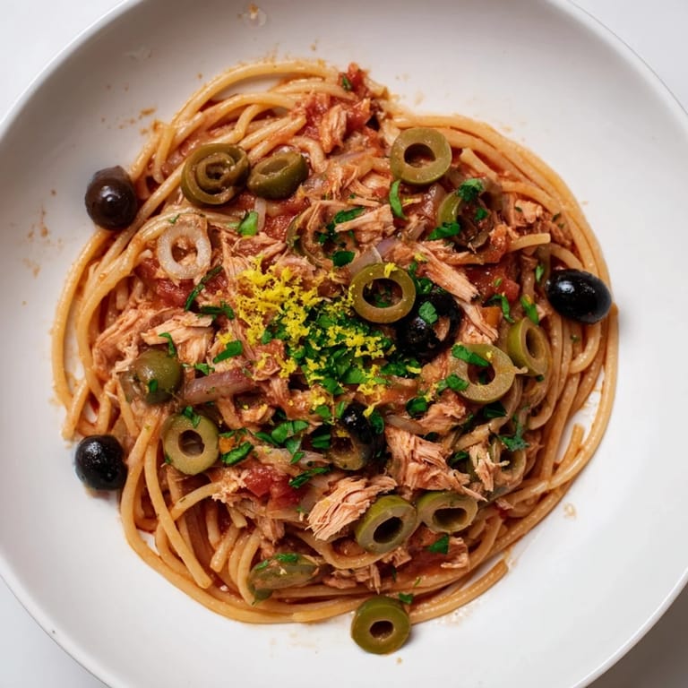 A warm bowl of Pasta with Tuna, Olives & Capers, ready to enjoy with a burst of fresh lemon zest.