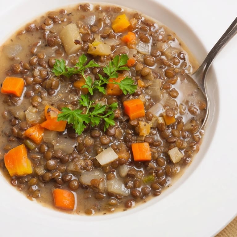 Spoonful of flavorful Lentil Soup: a rich, aromatic broth with tender carrots and celery.