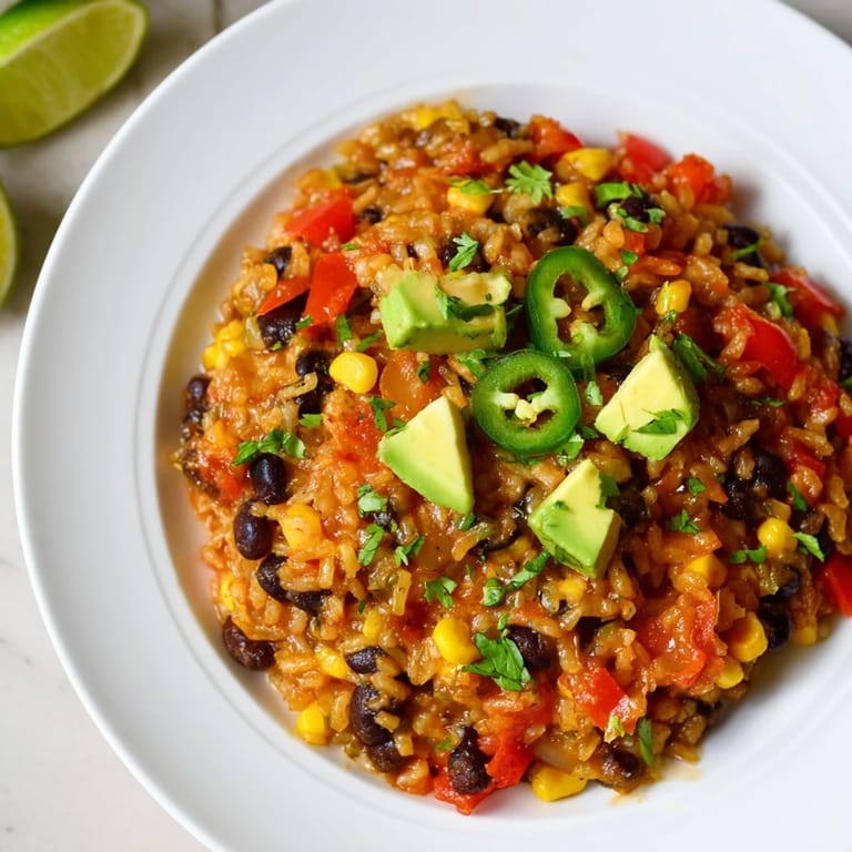 Flavorful One-Pot Mexican Rice & Beans with visible black beans and colorful bell peppers, cooked to perfection.