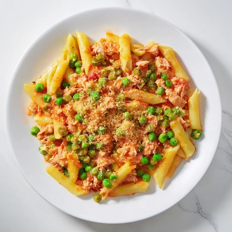 Flavorful Tuna Pasta Bake, fresh from the oven, ready to be served with a crisp green salad.