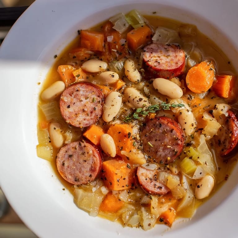 Close-up of hearty simple sausage and white bean soup with a rich broth, perfect for a chilly evening.