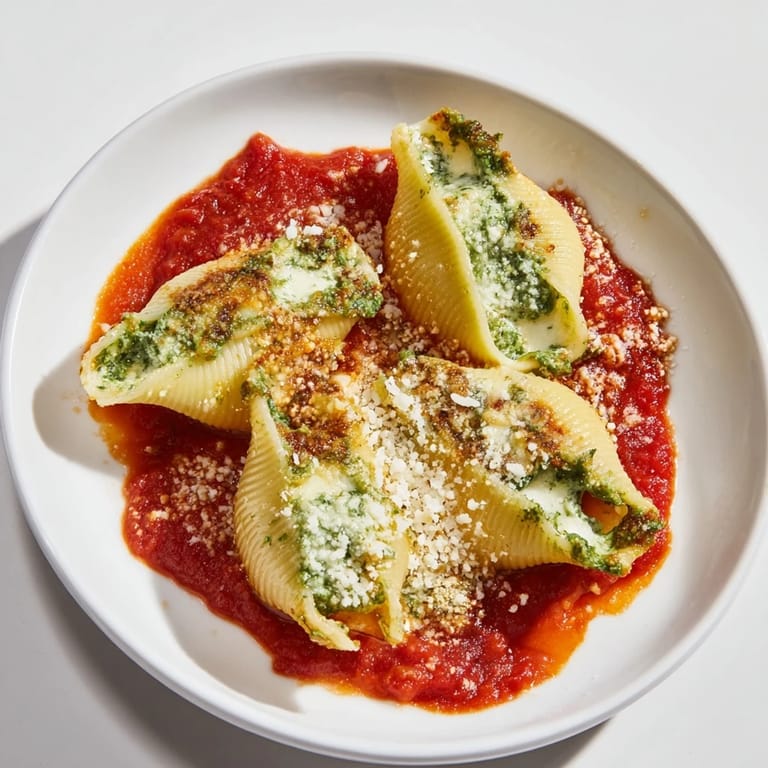 A close-up of cheesy Pesto and Ricotta Stuffed Shells, bubbling in a rich tomato sauce, ready to eat.