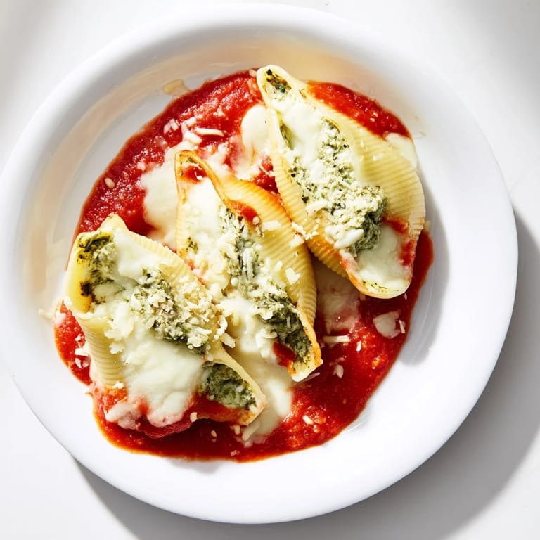 Beautifully plated Pesto and Ricotta Stuffed Shells, garnished with fresh basil, showcasing the deliciousness.