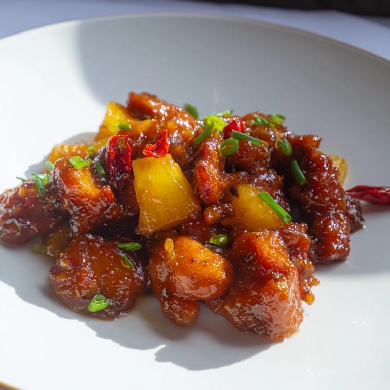 Close-up of baked brown sugar pineapple chicken—fragrant, juicy chicken in a delicious, caramelized sauce.
