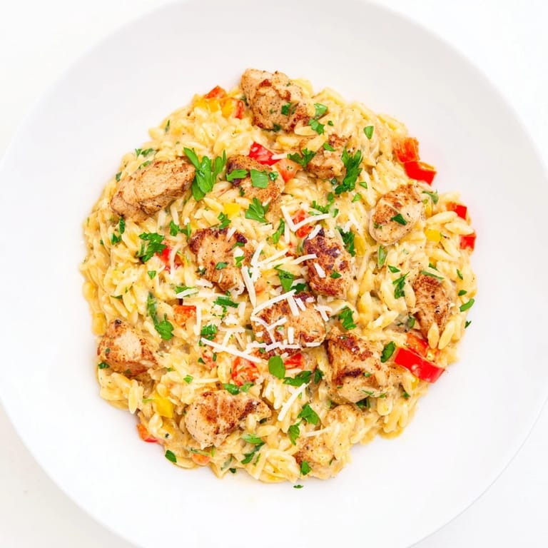 This image presents the finished One-Pot Cajun Chicken Alfredo Orzo, a flavorful and aromatic dish.