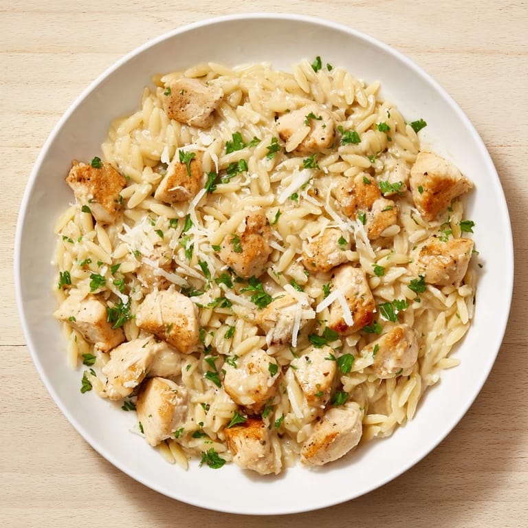 Garnish a bowl of One-Pot Cajun Chicken Alfredo Orzo with fresh parsley; the ultimate comfort food.