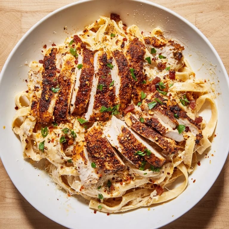Golden-brown chicken tops the decadent Southern Style Creamy Parmesan Chicken Pasta, a comforting dish.