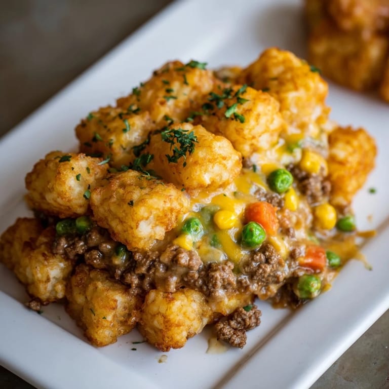 A bubbly, cheesy Quick Christmas Tater Tot Casserole with crispy tater tots provides a comforting main dish.
