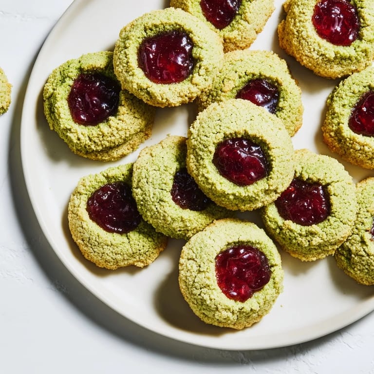 Freshly baked Matcha Cranberry Shortbread Thumbprint Cookies, showcasing a delightful blend of flavors for dessert.