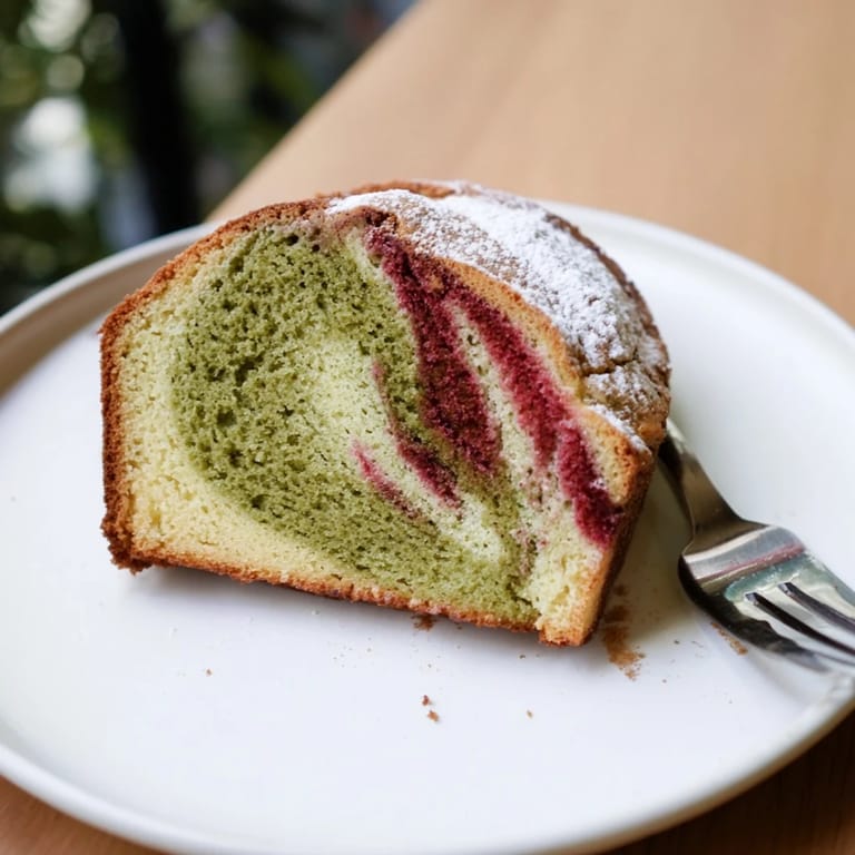 A delectable slice of matcha marble pound cake featuring vibrant green and red swirls, perfect for dessert.
