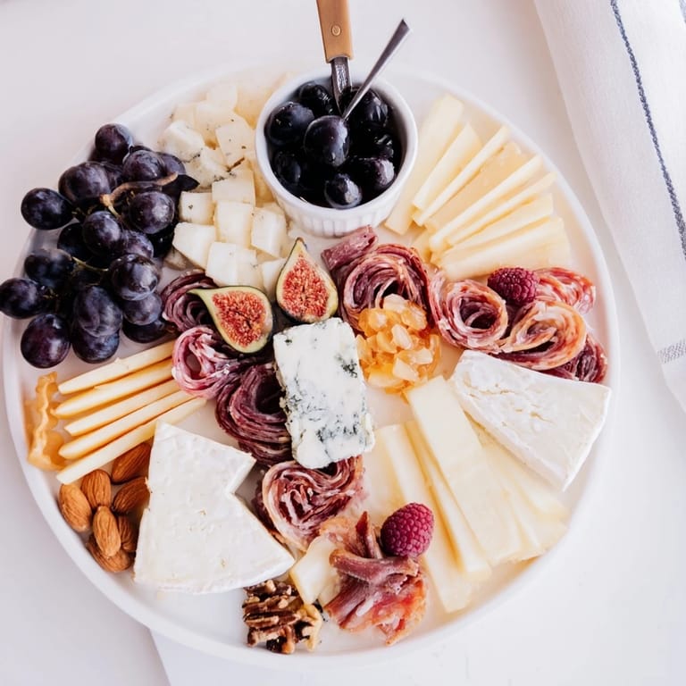 This Lace & Pearls Elegant Board displays a beautiful array of cheeses, meats, and colorful fruits.