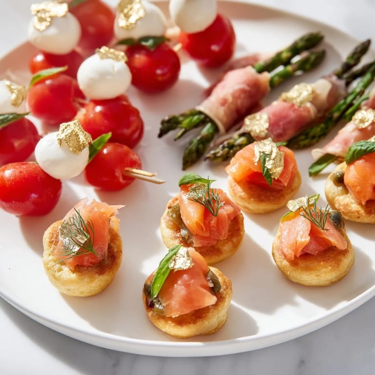 A beautifully arranged Magical Moments Happy New Year 2026 Platter showcasing mini caprese skewers and sparkling champagne jelly.