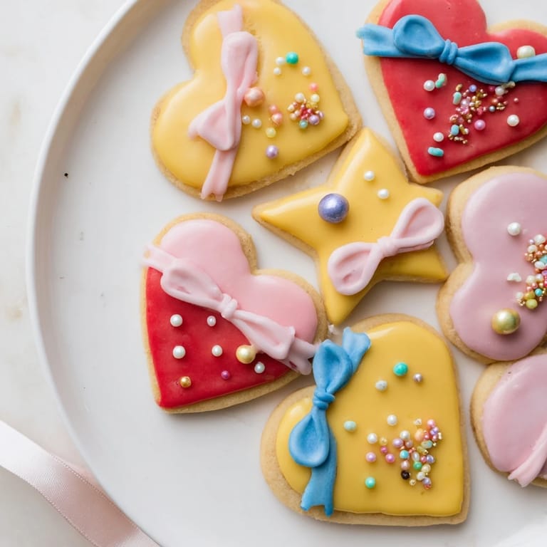 Freshly baked Pretty Bows Heart & Star Cookies, the hearts and stars decorated with charming icing details.