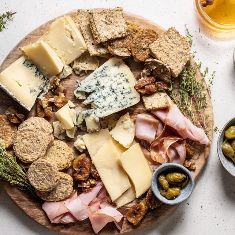 This Winter Mountain Cheese Platter showcases various Alpine cheeses, artisan bread, and savory accompaniments for sharing.