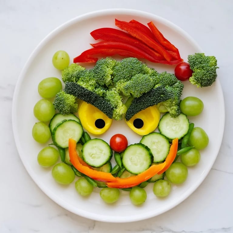 A fun, green Grinch made from a Savory Crudités veggie platter, complete with a cherry tomato hat.