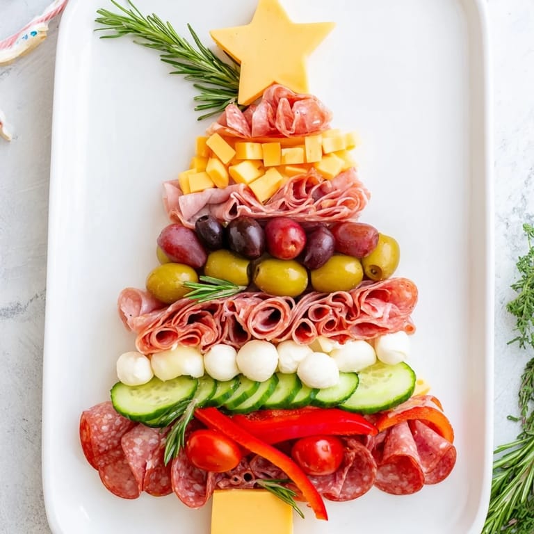 A beautifully arranged Christmas Tree Charcuterie Board with colorful crackers and tasty cheese star shines brightly.